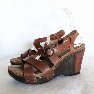 Dansko Frida Brown Leather Studded Strappy Wedge Sandals Womens EU 39 US 8.5-9
